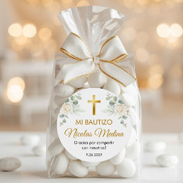 Vattenfärgsvita blommor Bautizo Recuerdos Favors Runt Klistermärke