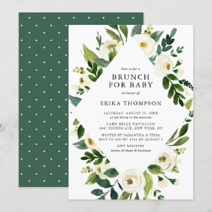 Vattenfärgsvita blommor Ram Baby Shower Brunch Inbjudningar