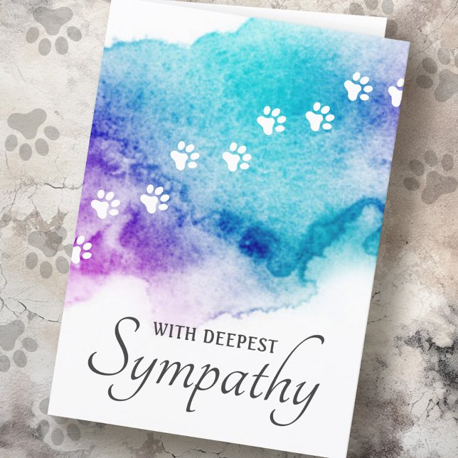 Vattenfärgsymptom på minskad tass avtryck kort (Pet loss paw prints watercolor sympathy card)