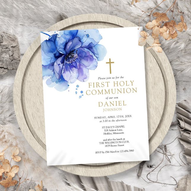 Vattenfärgszon Blommigt Blue First Heliga Communio Vykort (Watercolor Floral Blue First Holy Communion Invite)