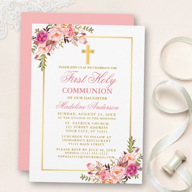Vattenfärgszon Rosa  Blommigt Guld Första kommissi Inbjudningar (Customize to change text color, size, style or to change color of back of card.)