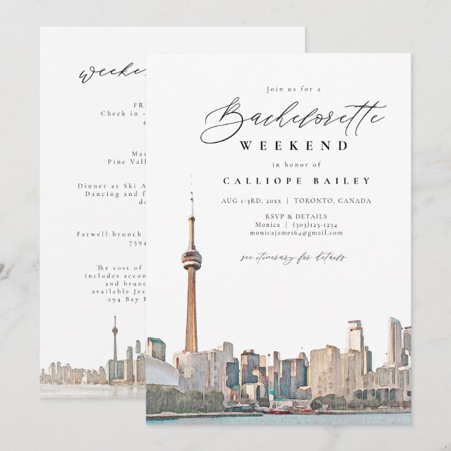 VattenfärgToronto Bachelorette Itinerary och Inbjudningar (Fram/baksida)
