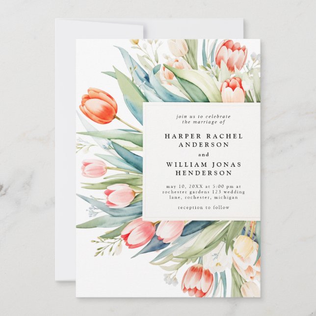 Vattenfärgtulip bouquet bröllop inbjudningar (Framsida)