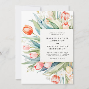 Vattenfärgtulip bouquet bröllop inbjudningar