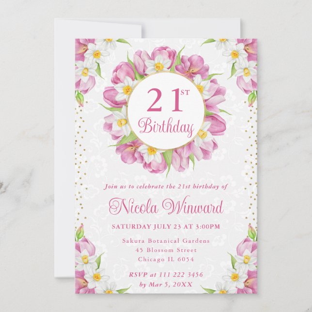 Vattenfärgtulpaner och dialdils Birthday Inbjudningar (Framsida)