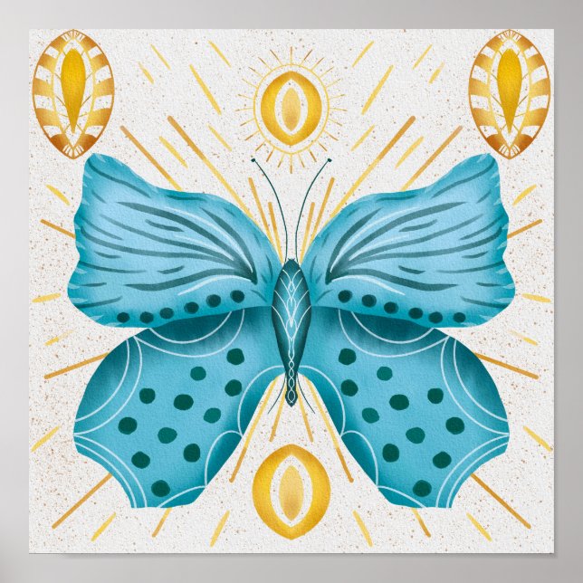 Vattenfärgturkos Butterfly Sol Celestial Poster (Framsidan)