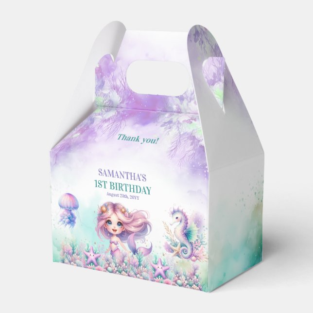 Vattenfärgturkos och lila sjöjungfru födelsedag presentaskar (Framsidan Sidan)