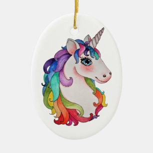 VattenfärgUnicorn med regnbågehår Julgransprydnad Keramik