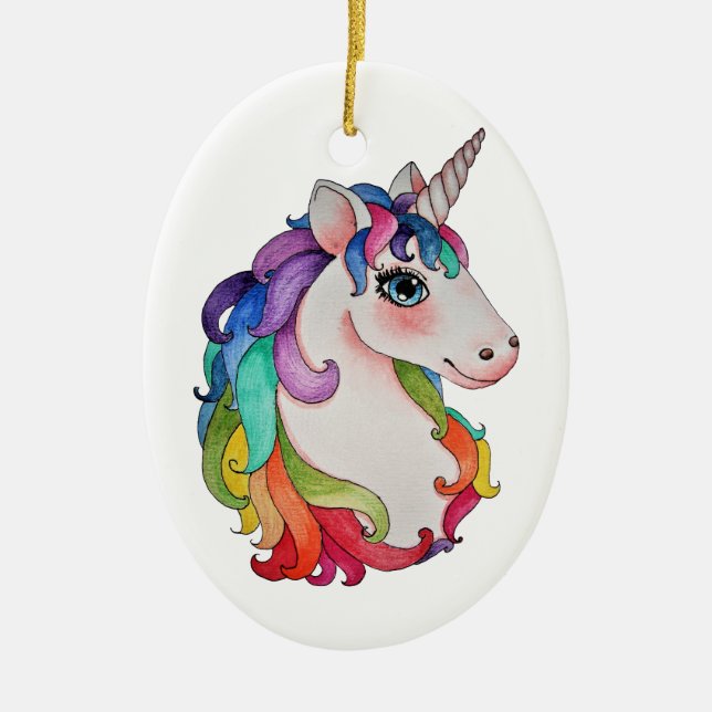 VattenfärgUnicorn med regnbågehår Julgransprydnad Keramik (Framsidan)