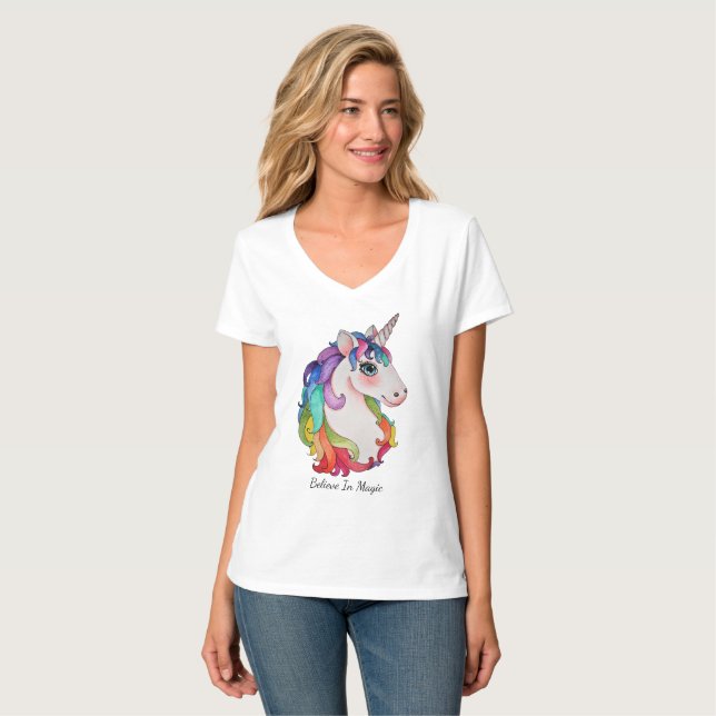 VattenfärgUnicorn med regnbågehår T Shirt (Hel framsida)