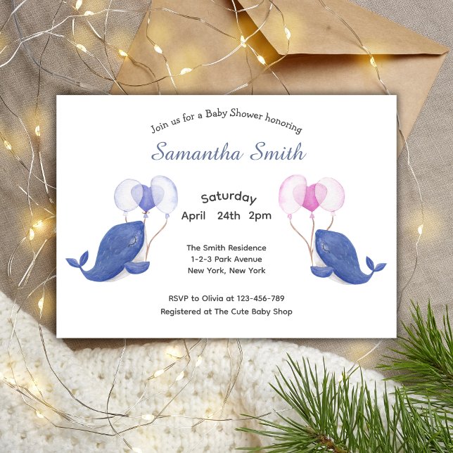 Vattenfärgvalar med ballonger Babyskor Inbjudningar (Whale Baby Shower Invitation)