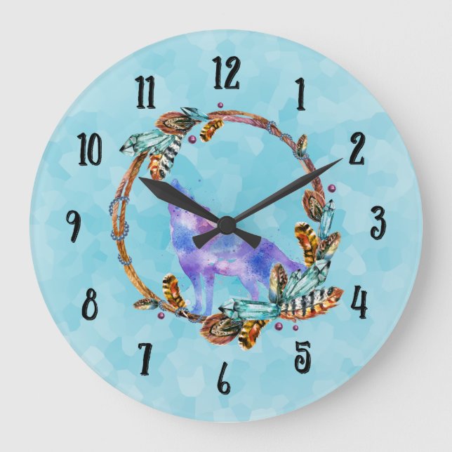 Vattenfärgvarg som tjuter i en Boho stilkran Stor Klocka (Framsida)