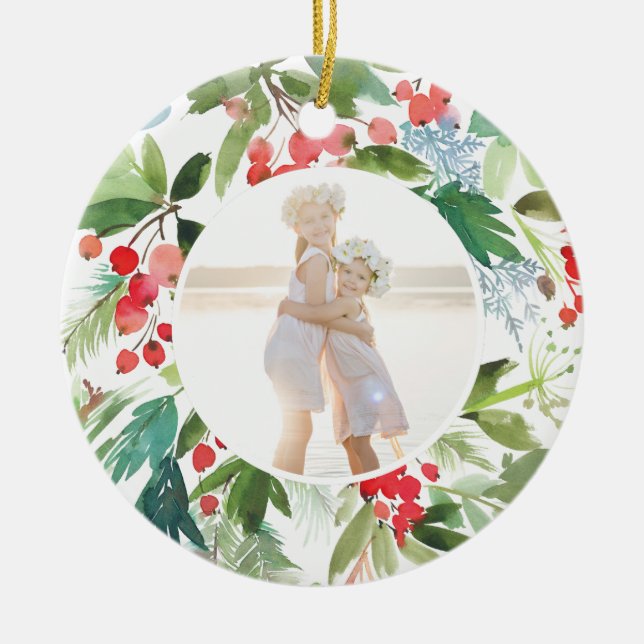 Vattenfärgvinterbär och grönska julgransprydnad keramik (Framsidan)