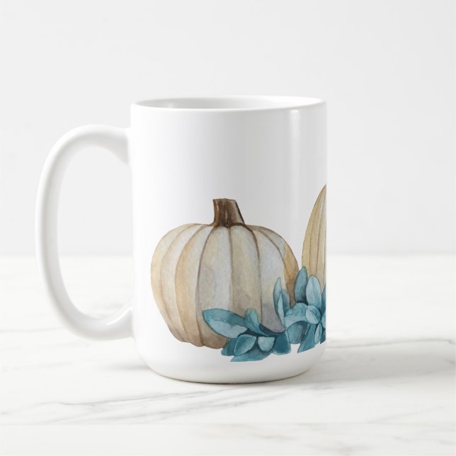 VATTENFÄRGVITFALL PUMPKINER & BLÅA BLOMMOR KAFFEMUGG (Vänster)