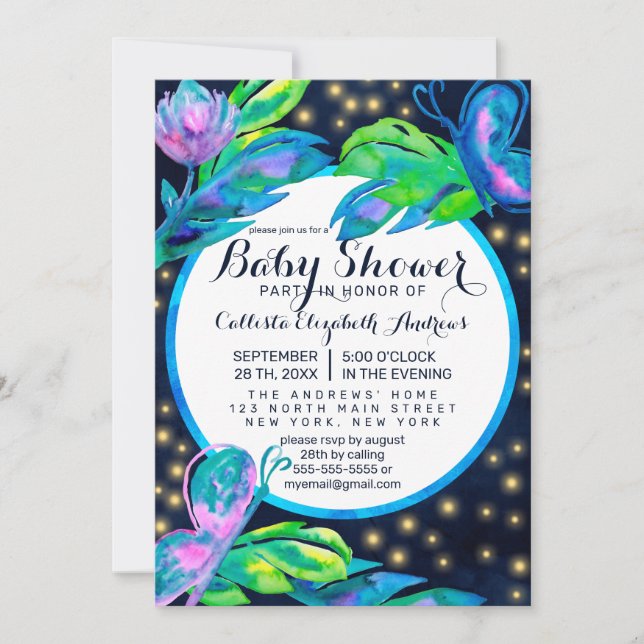 Vattenfjäril Blommigt Löv Watercolor Baby Shower Inbjudningar (Framsida)
