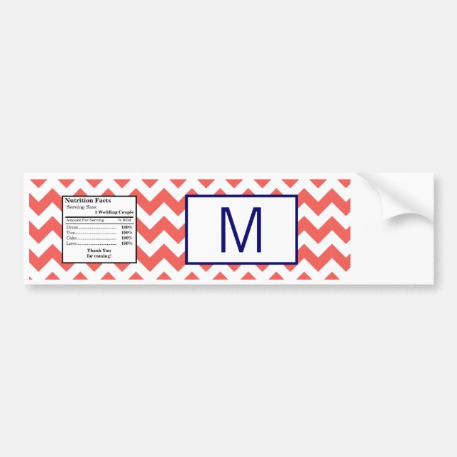 Vattenflaska-etikett Coral Navy Blue Chevron Namn Bildekal (Framsidan)