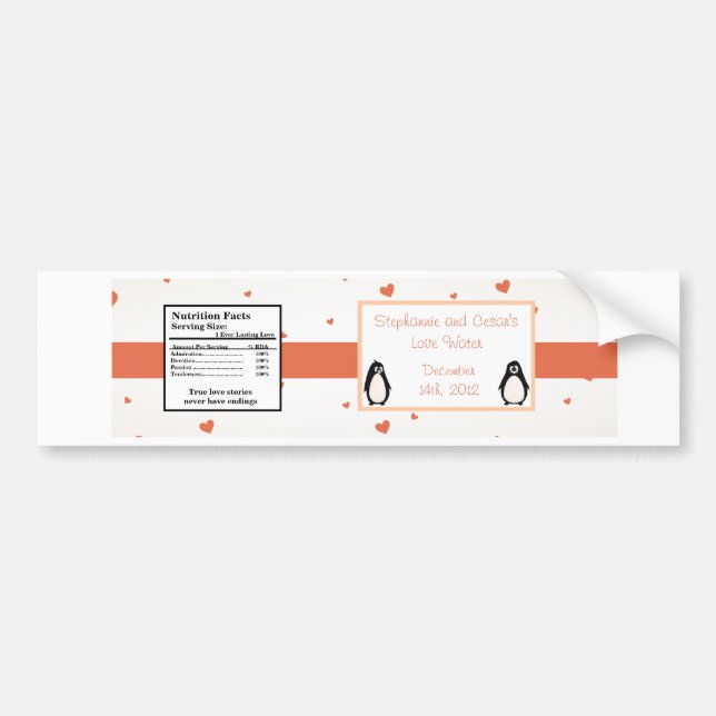 Vattenflaska etikett Penguin Kärlek/Hearts Peach (Framsidan)