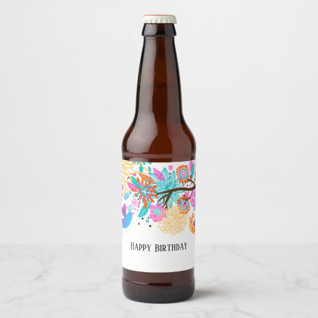 vattenflaska ETIKETT - söt fågel, rosa fågel (Framsida)