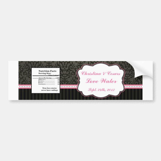 Vattenflaska Label Damask/Rand Rosa Krona Black Bildekal (Framsidan)
