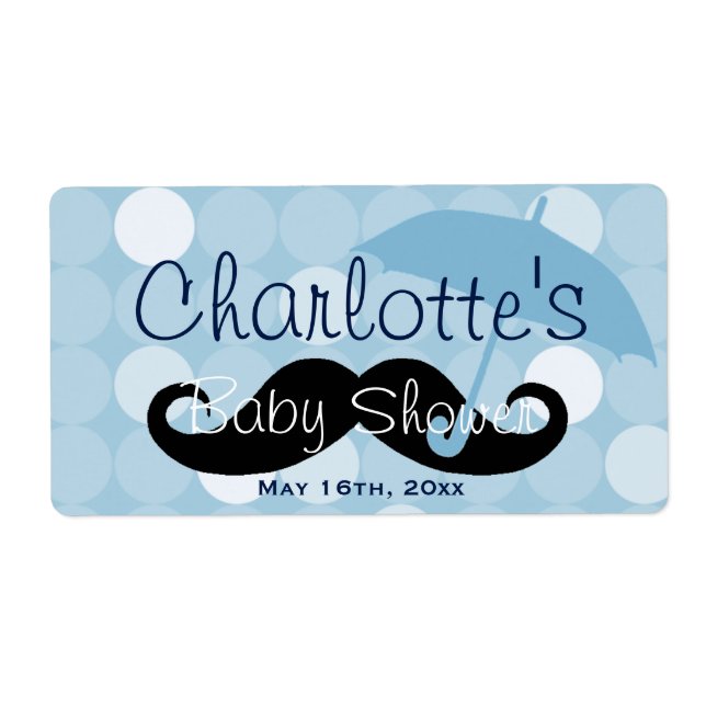 Vattenflaskan mod Blue Dot Mustache Baby Shower Fraktsedel (Framsidan)