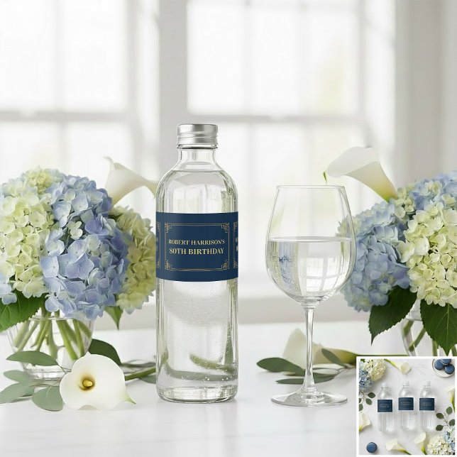 Vattenflasketikett Chic Navy Guld 80-årsdag Vattenflaskor Etikett (SEE FULL SUITE AT BOTTOM)