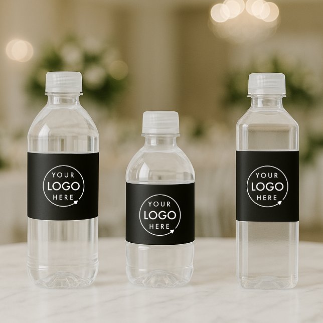 Vattenflasketiketter | Svarta logotypomslag för fö Vattenflaska Etikett (Sleek black company branded water bottle label wraps for small business events & promotional swag.)