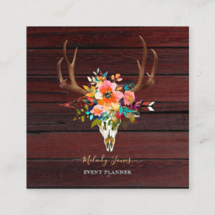 VATTENFLODER, RUSTISKA BOHO SKULL+ARROW+TRÄ FYRKANTIGT VISITKORT