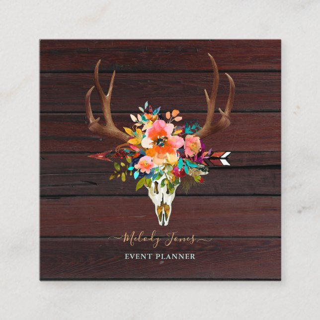 VATTENFLODER, RUSTISKA BOHO SKULL+ARROW+TRÄ FYRKANTIGT VISITKORT (Framsida)