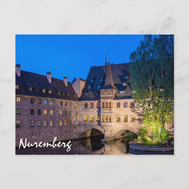 Vattenfront bygger nattetid i Nürnberg, Tyskland Vykort (Framsida)