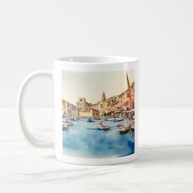 Vattenfront och båtar i hamn, italienska kaffemugg (Vänster)