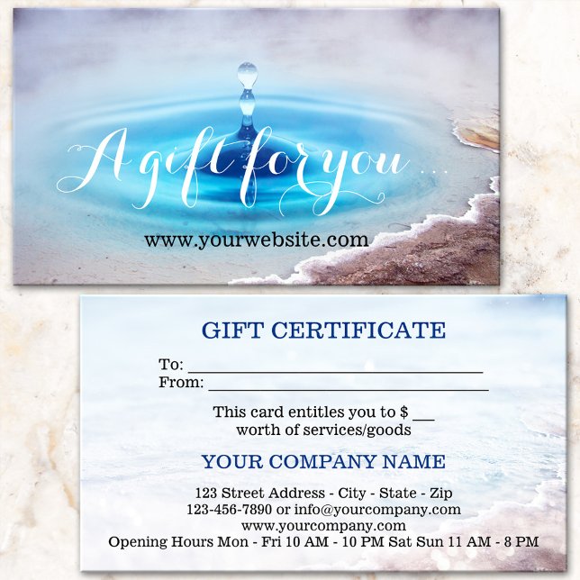 Vattenkälla Spa Massagepresentcertifikat Mall Rabattkort (Gift certificate card featuring an artistic representation of a hot water source - spa - wellness)
