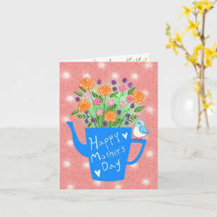 Vattenkanna med blommor och blå fågel Mors dag Kort