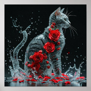 Vattenkatt Omgiven Av Röda Rosor Fantasi Romantik Poster