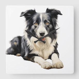 VATTENKOLOR BLACK & WHITE GRÄNS COLLIE HUND FYRKANTIG KLOCKA