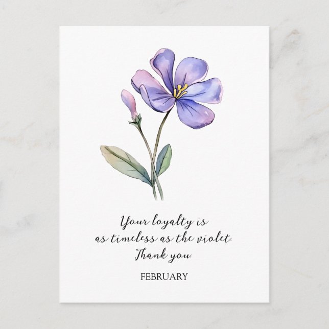 VATTENKOLOR FEBRUARY VIOLET BIRTH FLOWER TACK VYKORT (Framsida)