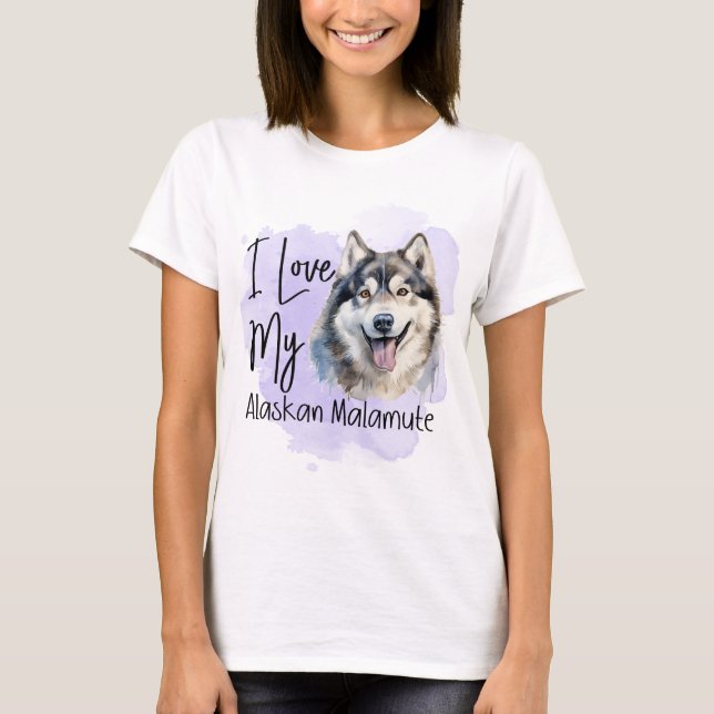 VATTENKOLOR I KÄRLEK MY ALASKAN MALAMUTE HUND T SHIRT (Framsida)