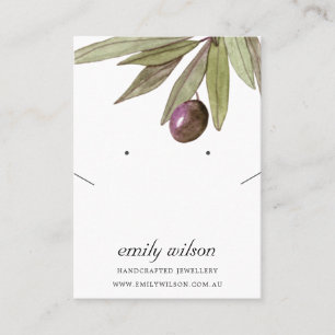 VATTENKOLOR OLIVE FOLIAGE EARRING NECKLACE VISNING VISITKORT
