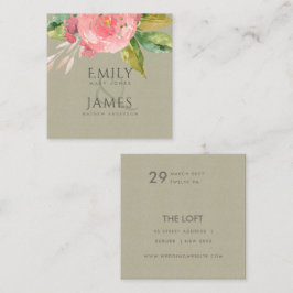 VATTENKOLOR ROSA FLOWER GRÖNT FOLIAGE BRÖLLOP FYRKANTIGT VISITKORT