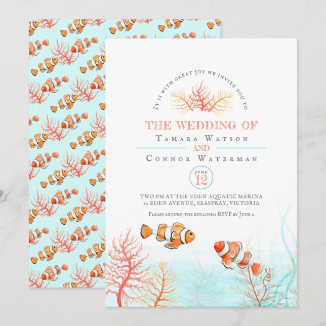 Vattenlevande bröllop-korall och kryddfiskens vatt inbjudningar (Fram/baksida)