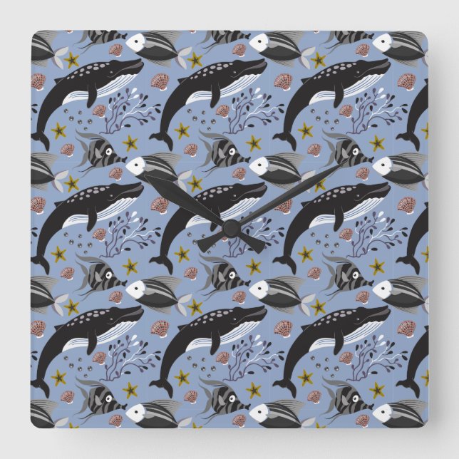 Vattenlevande djur mönster | Havsundervattensliv 1 Fyrkantig Klocka (Framsida)