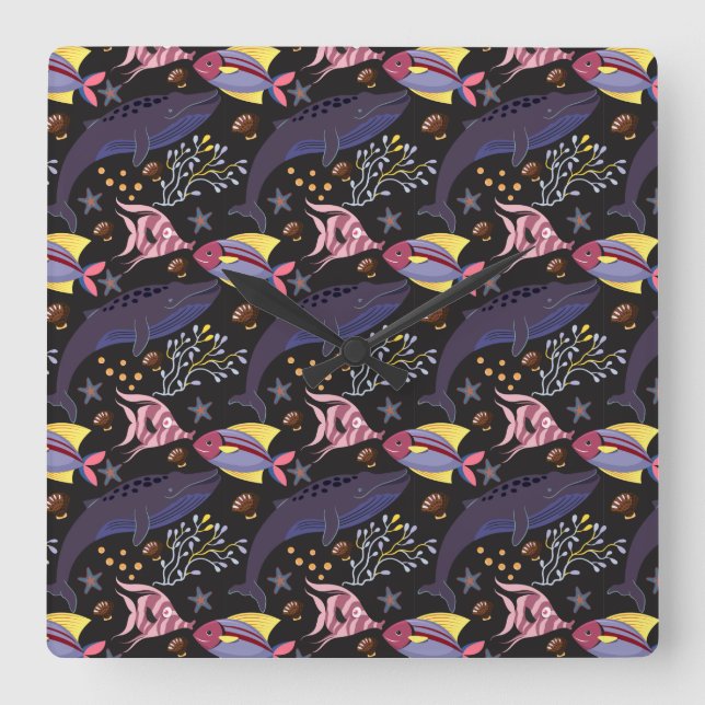 Vattenlevande djur mönster | Havsundervattensliv 2 Fyrkantig Klocka (Framsida)