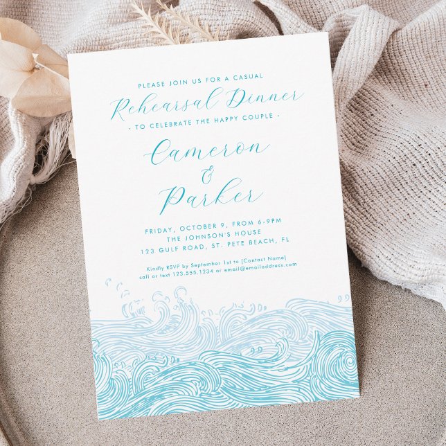 Vattenlevande havets Vinkara Avslappnad Bröllop Re Inbjudningar (Aqua Blue Casual Rehearsal Dinner Invitation with Ocean Waves for a Coastal Chic Beach Wedding by Co)