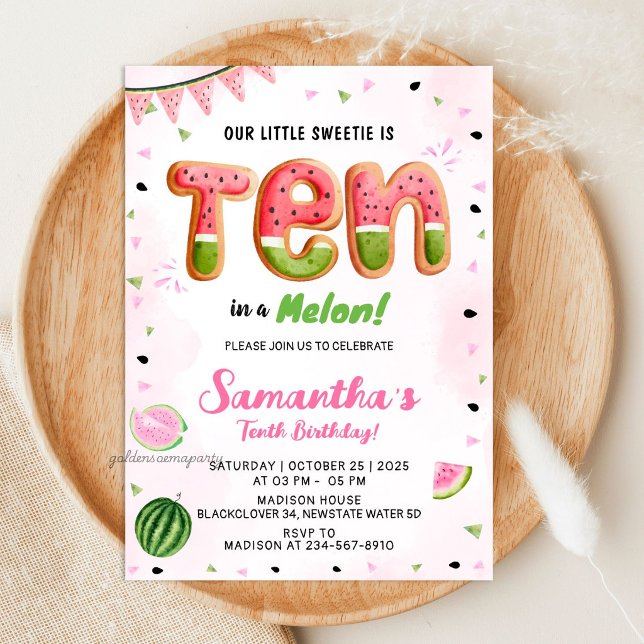 Vattenmelon 10-års födelsedagsfest inbjudan (Watermelon 10th Birthday Party Invitation)