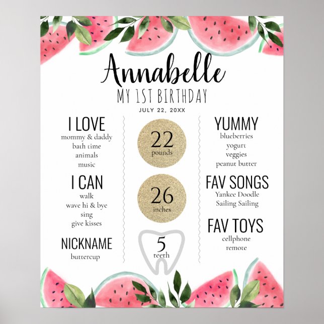 Vattenmelon 1:a födelsedag Milestone-Rosa Poster (Framsidan)