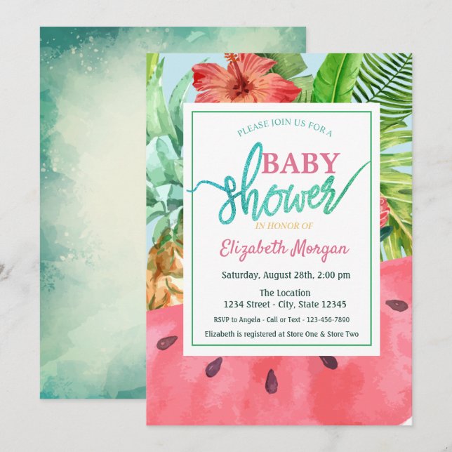Vattenmelon, Ananas Palmblad Baby Shower Inbjudningar (Fram/baksida)