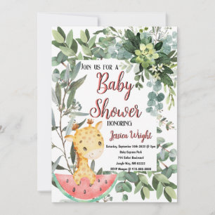 Vattenmelon Baby Giraffe Watercolor Baby Shower Inbjudningar