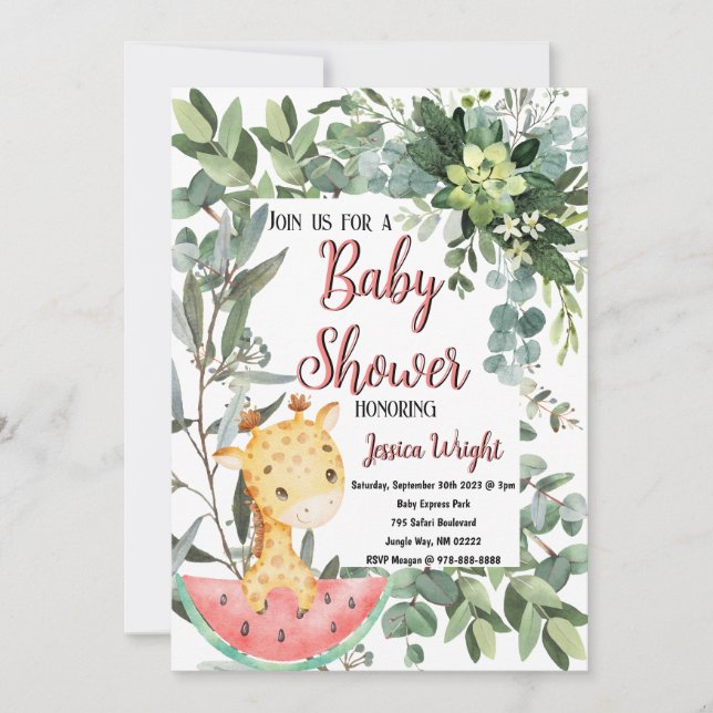 Vattenmelon Baby Giraffe Watercolor Baby Shower Inbjudningar (Framsida)