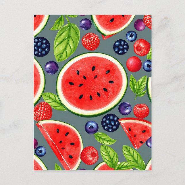 Vattenmelon Bär Sommar Mönster Vykort (Framsida)