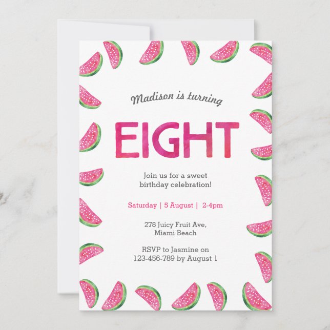 Vattenmelon Birthday inbjuden till 8:e födelsedage Inbjudningar (Framsida)