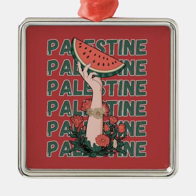 vattenmelon, blommor och Palestina-text Repetera  Julgransprydnad Metall (Framsidan)